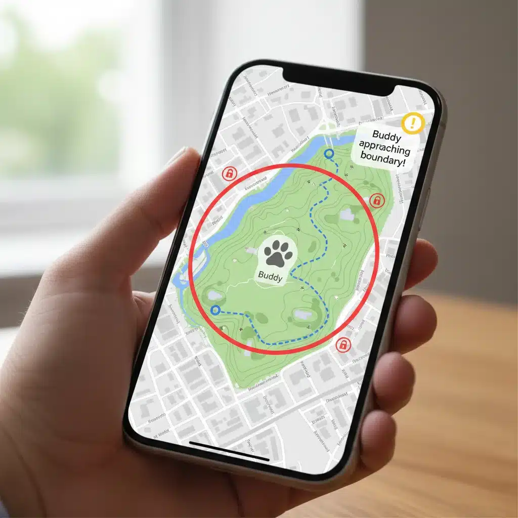 Smartphone app showing real-time pet tracking with geofencing