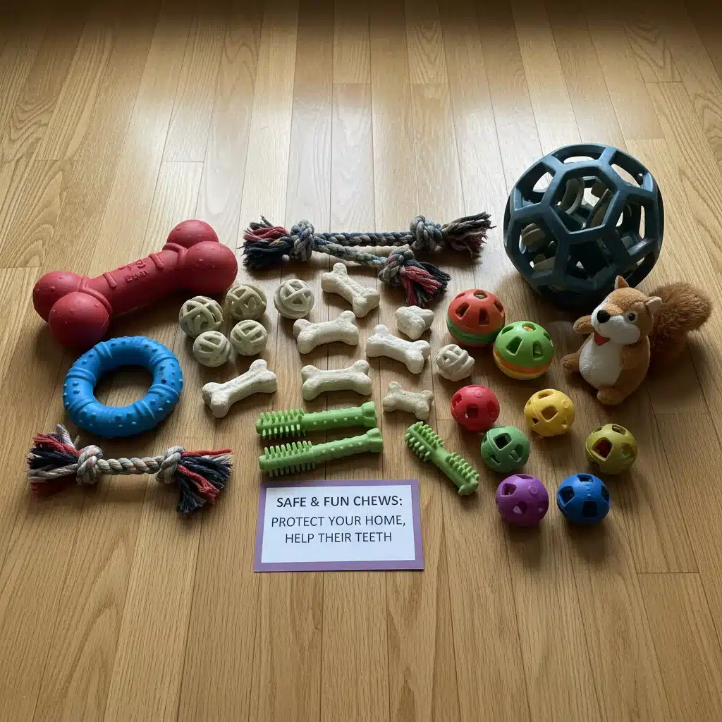 Assortment of safe and stimulating chew toys for pets to prevent destructive chewing.