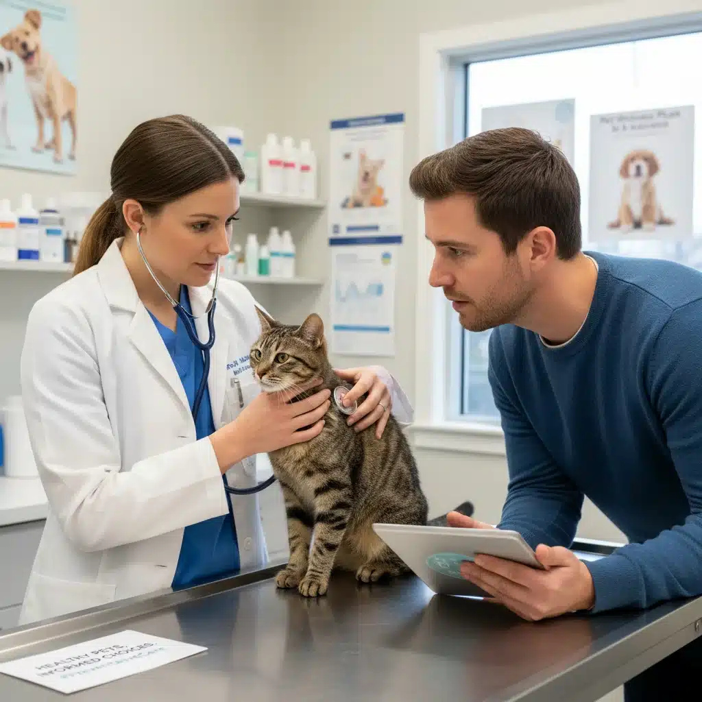 Veterinarian examining cat, discussing chronic health issues with pet owner.