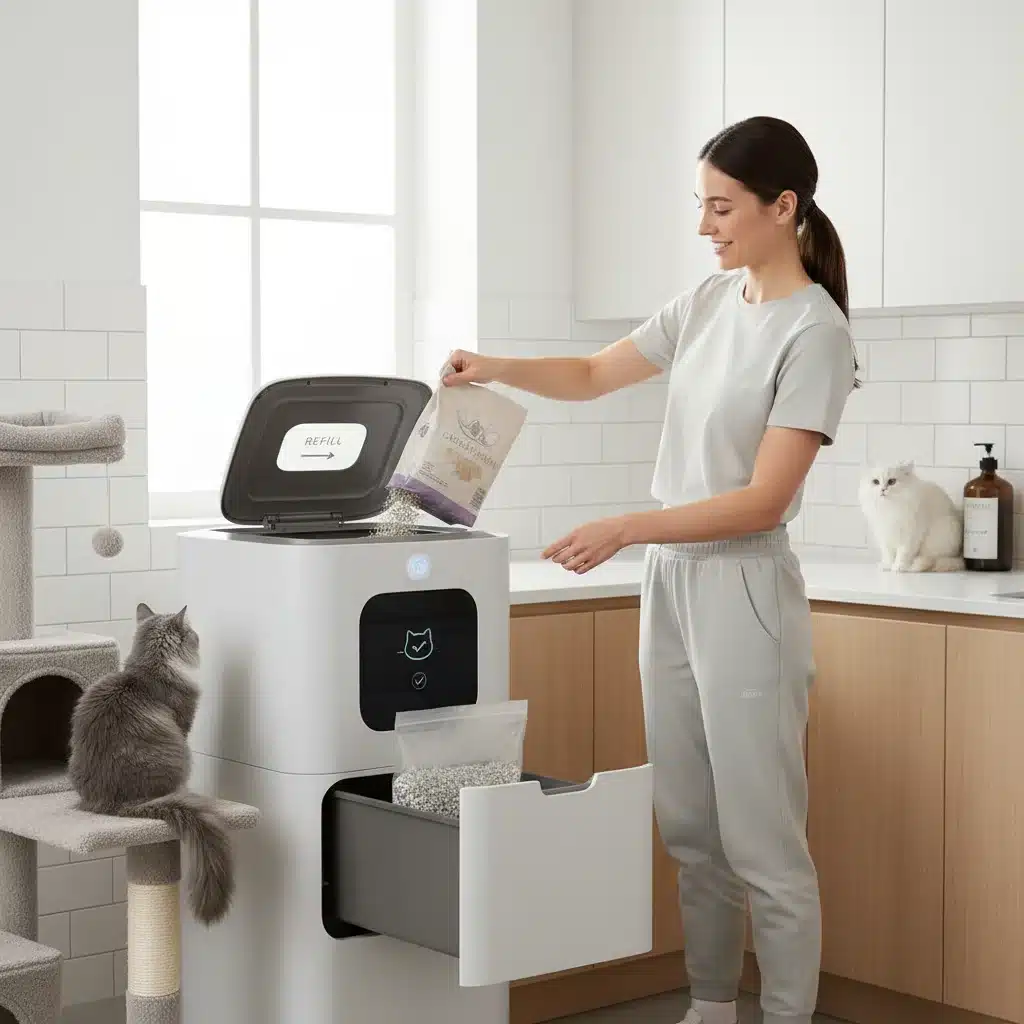 Person refilling and cleaning an automated litter box.
