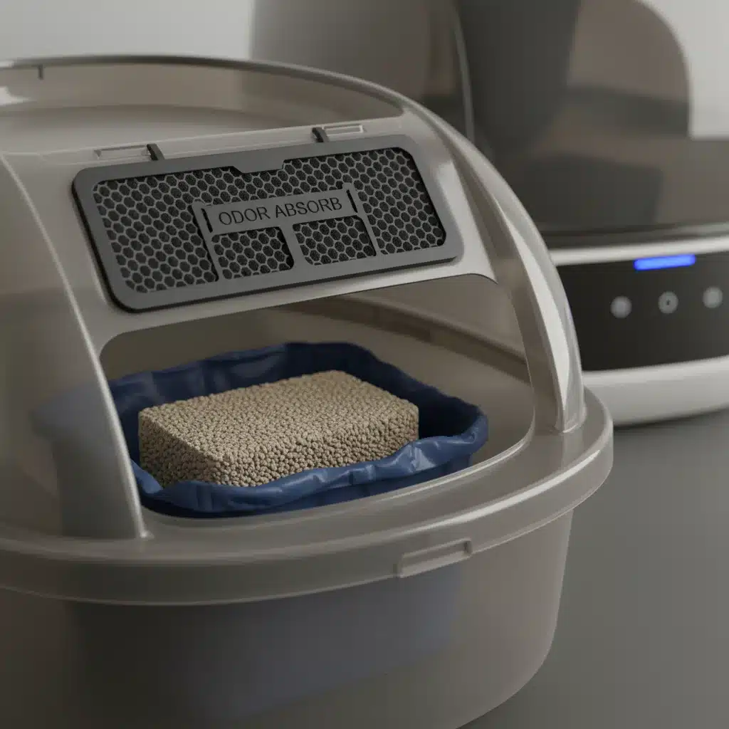 Automated litter box waste receptacle with carbon filter.