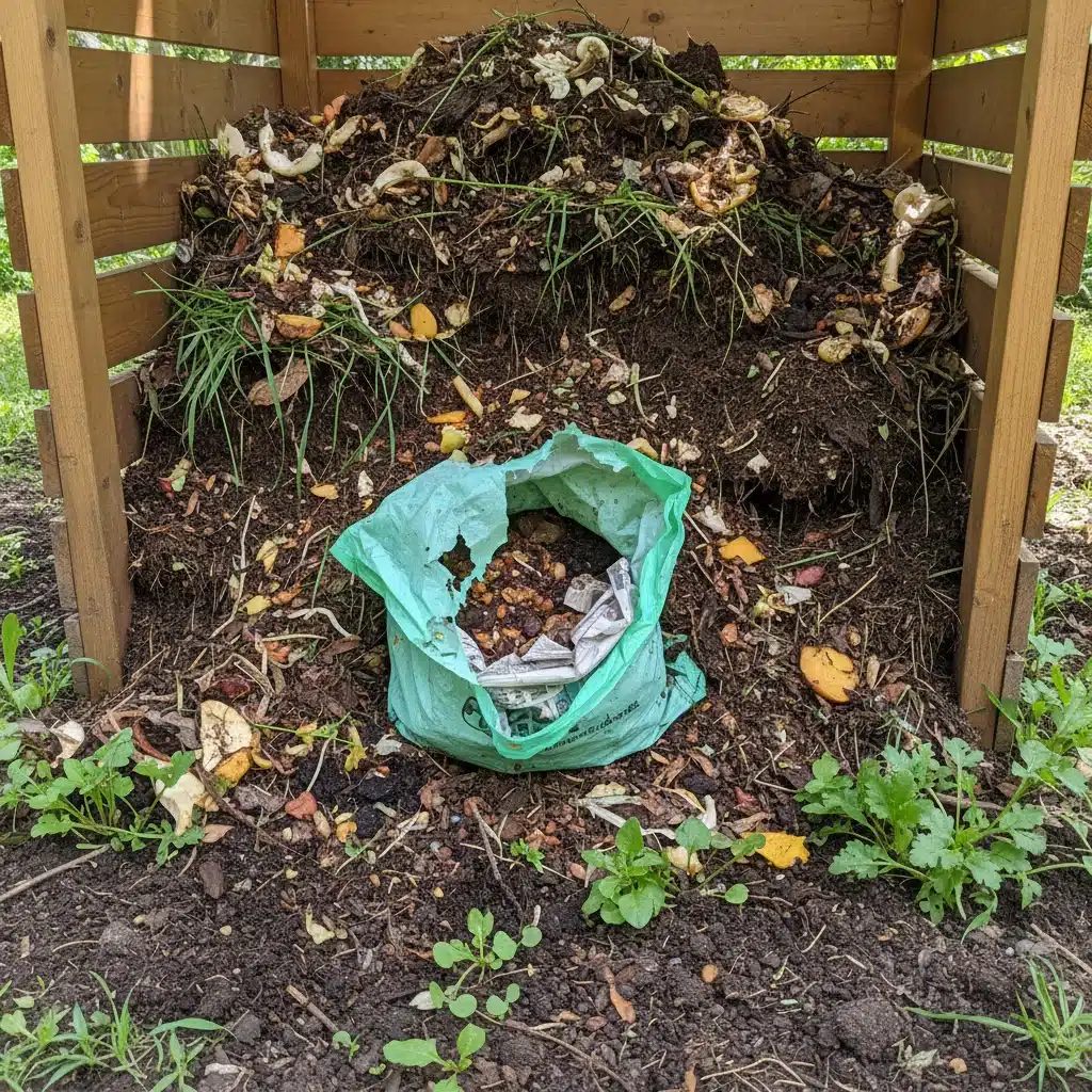 Compost bin with decomposing organic material and an eco-friendly pet waste bag.