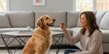 Golden retriever sitting calmly, demonstrating good dog behavior after training.