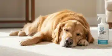 Clean carpet with happy dog, pet stain remover bottle