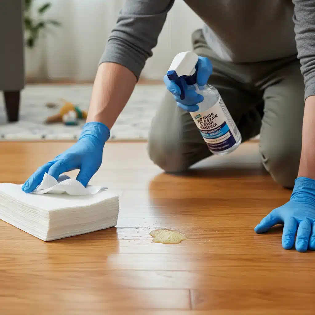 Person cleaning fresh pet stain on hardwood floor