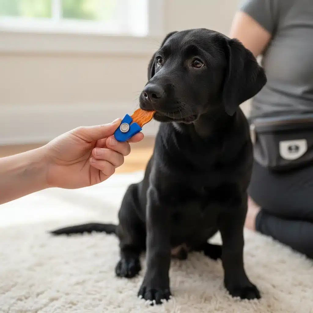 Hand with clicker and treat rewarding a calm black Labrador puppy for good behavior.