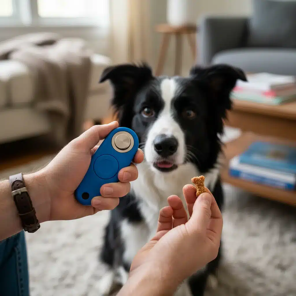 Dog owner using a clicker and treat for positive reinforcement training