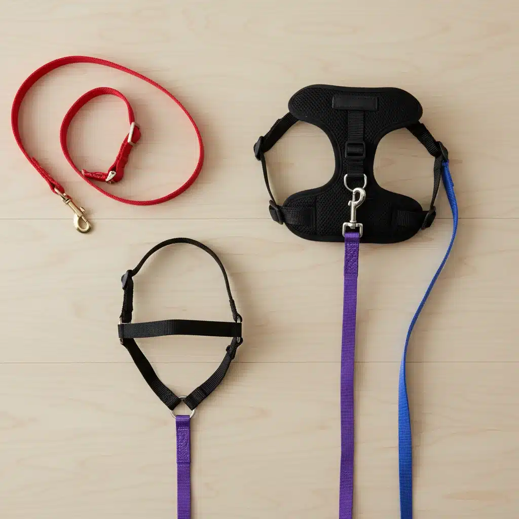 Various types of dog leashes and harnesses displayed for comparison.