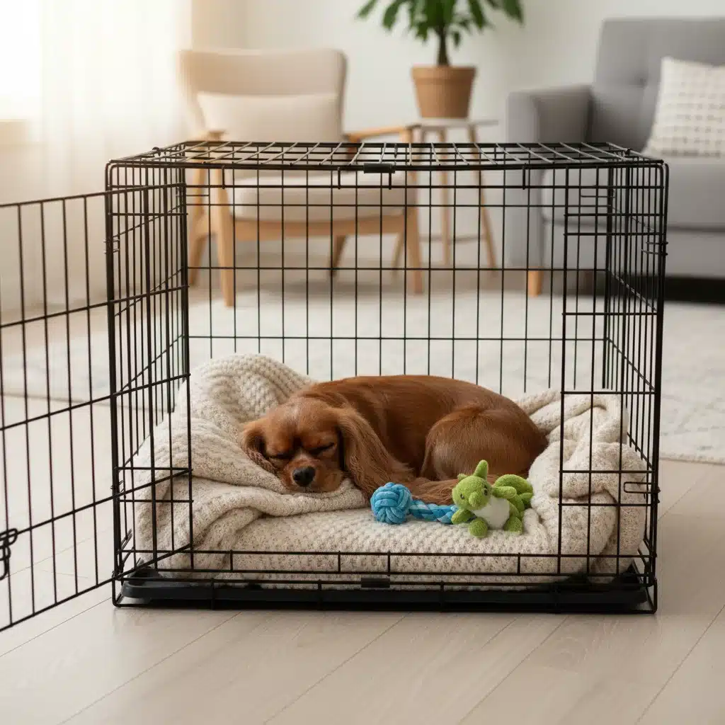 Small dog sleeping peacefully in a comfortable crate.