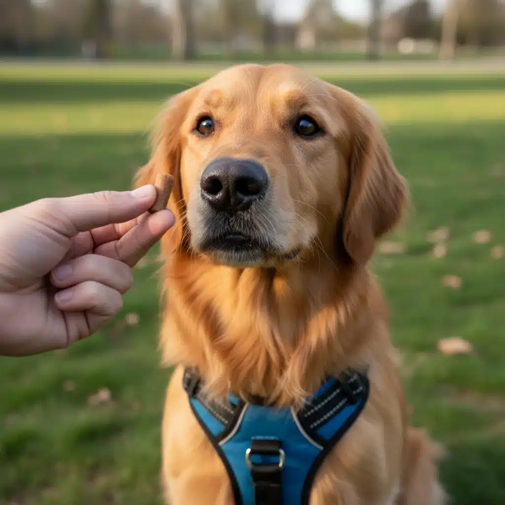 Hand offering a training treat to a dog wearing a front-clip harness.