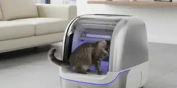 Futuristic automated litter box in a modern home with a cat.