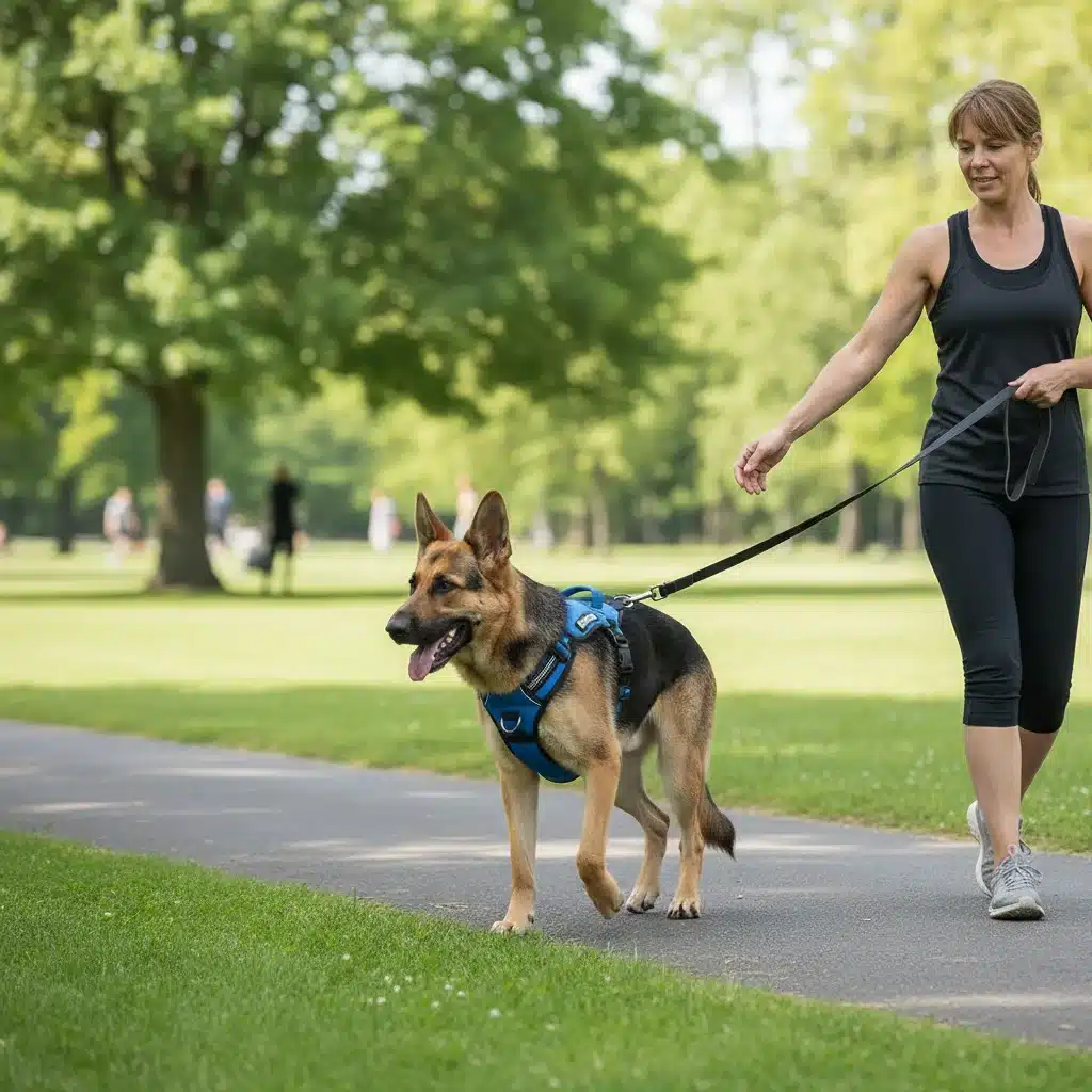 German Shepherd wearing a front-clip harness for leash training