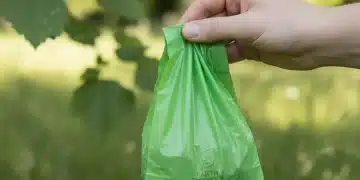 Hand holding a green eco-friendly pet waste bag in a natural outdoor setting.