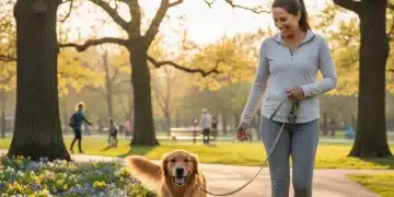 Happy dog walking calmly on a loose leash beside its owner in a park.
