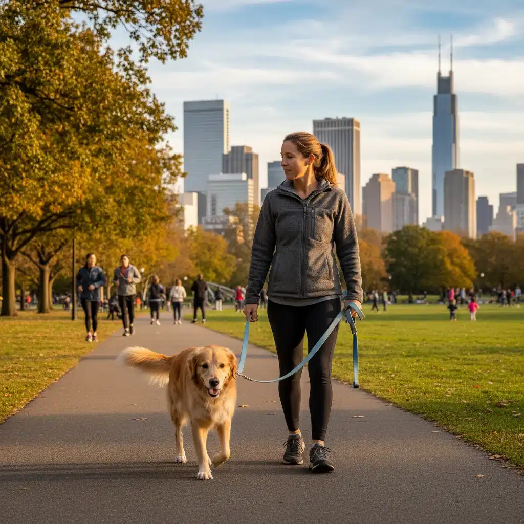 Dog walking calmly on a loose leash in a park.