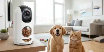 Modern pet camera monitoring a dog and cat in a living room
