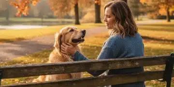 Owner and happy golden retriever communicating through subtle body language