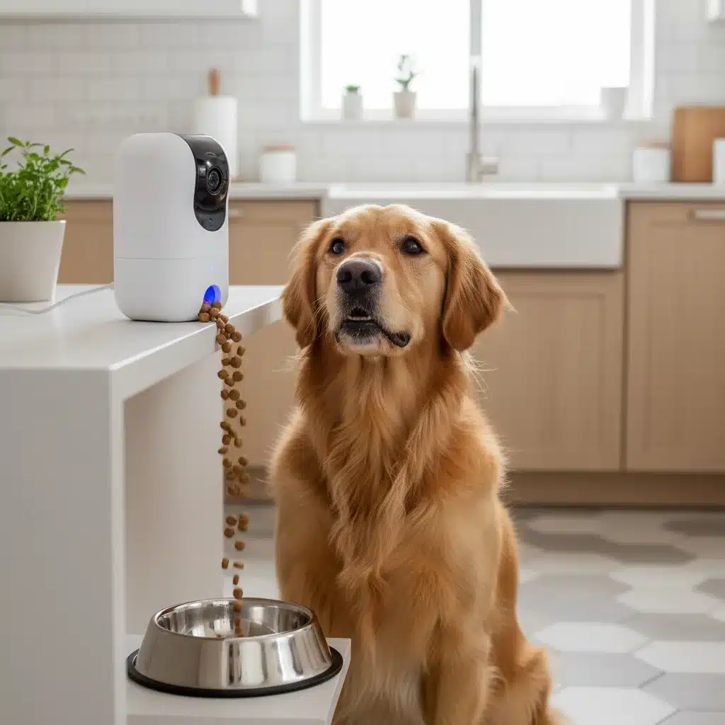 Pet camera dispensing treats to an eager golden retriever