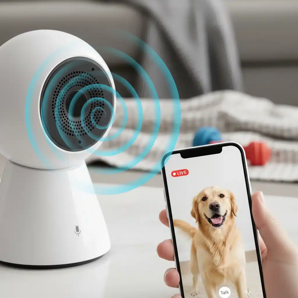 Close-up of pet camera's two-way audio feature with smartphone interaction