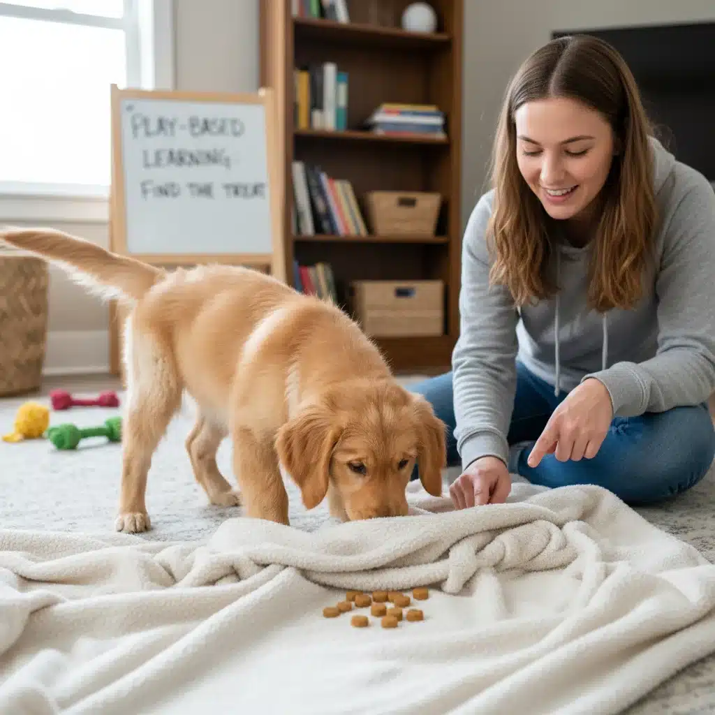 Playful puppy sniffing for hidden treats during a structured play-based training game.