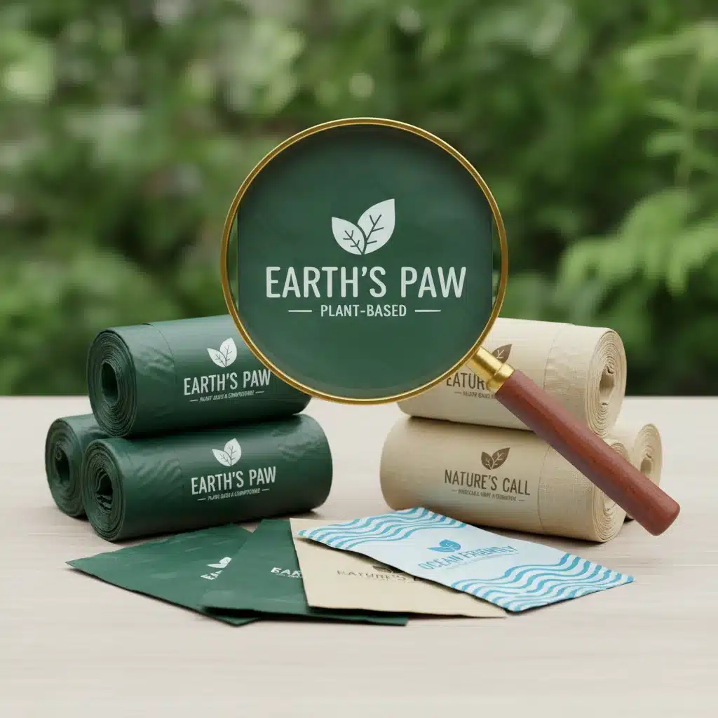 Assortment of various eco-friendly pet waste bag brands undergoing close examination.