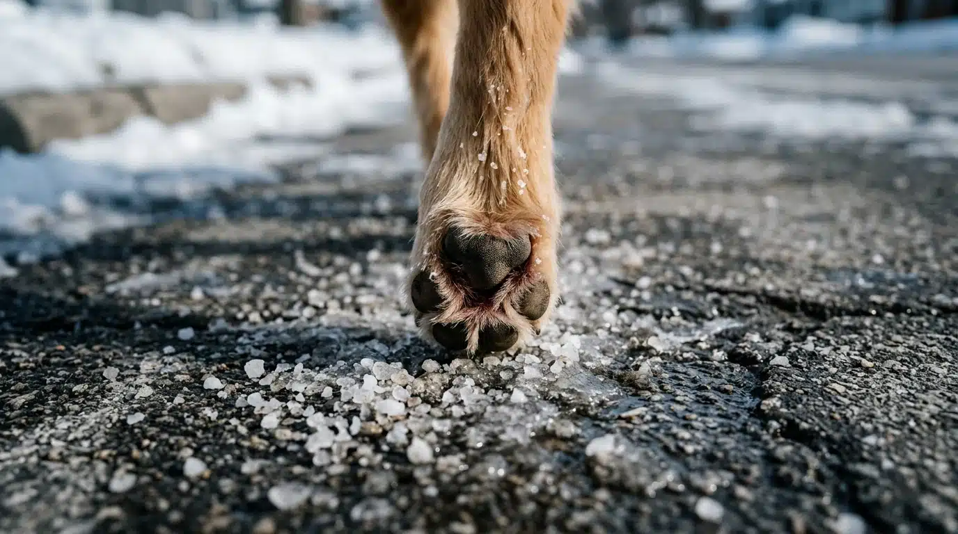 Close-up da pata de um cão com irritação leve, pisando em sal de rocha e gelo derretido em uma calçada de asfalto, sob a luz fria do inverno, destacando os desafios das patas de cachorro no inverno.