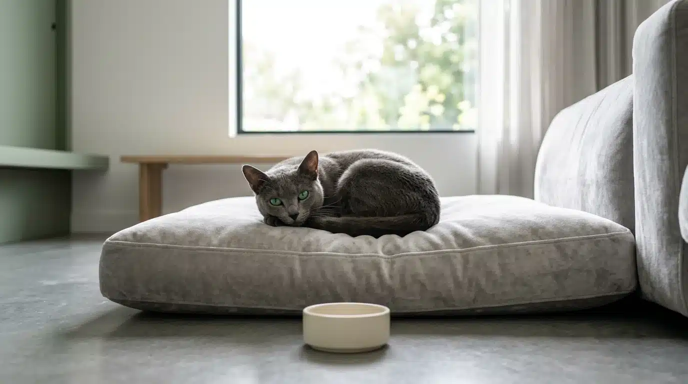 Fotografia profissional de um gato doméstico deitado em um sofá cinza, com luz natural suave, simbolizando a vida sedentária e o risco de obesidade em felinos internos, em um ambiente minimalista.